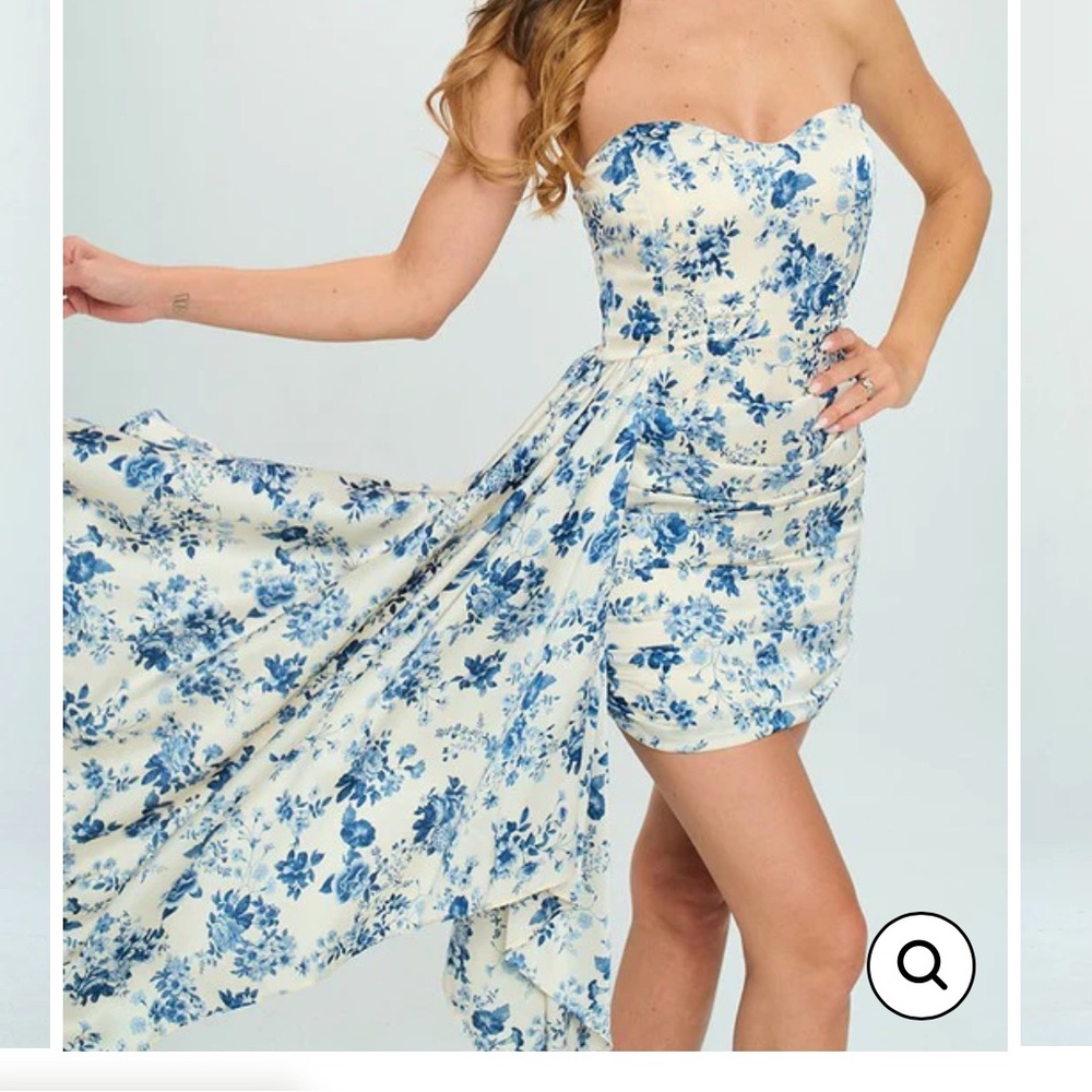 Lovely Day blue floral sweetheart dress with drape